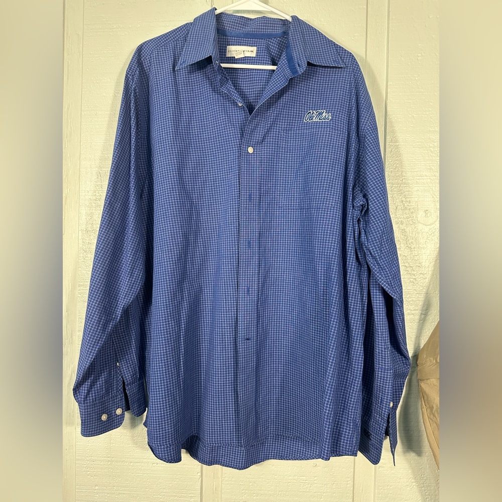 Cutter and Buck Blue Checked Ole Miss Shirt Size XL EUC